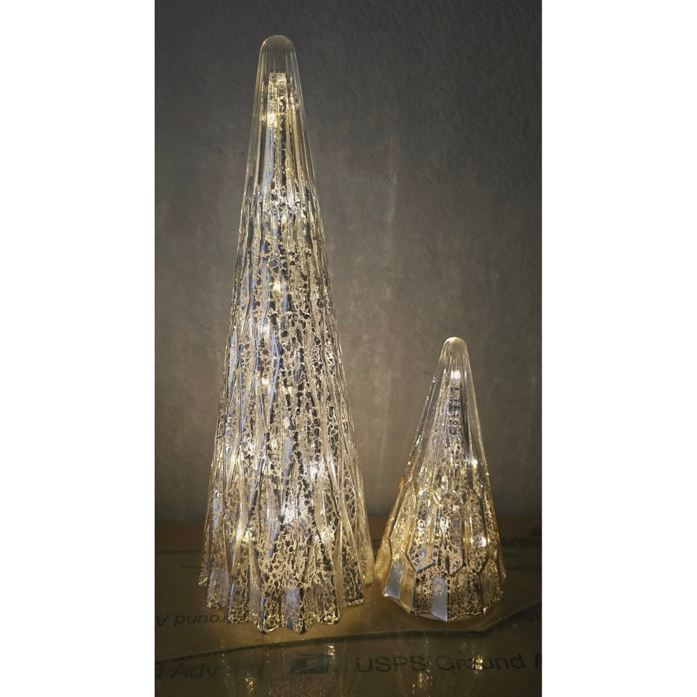 Mercury Glass LED Lighted Christmas Trees Set of 2 Silver Faceted Tabletop Decor